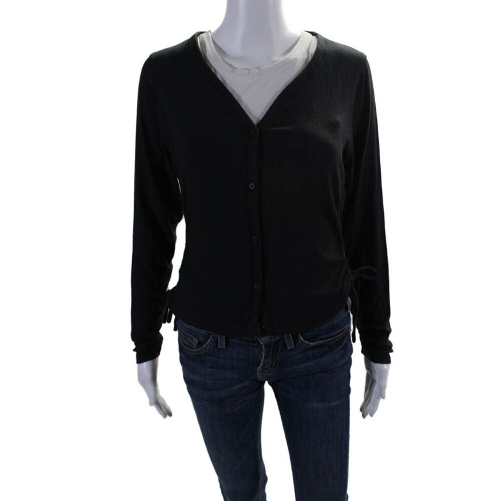 Designer Womens Ruched Tied Buttoned V-Neck Long Sleeve Blouse Black Size M